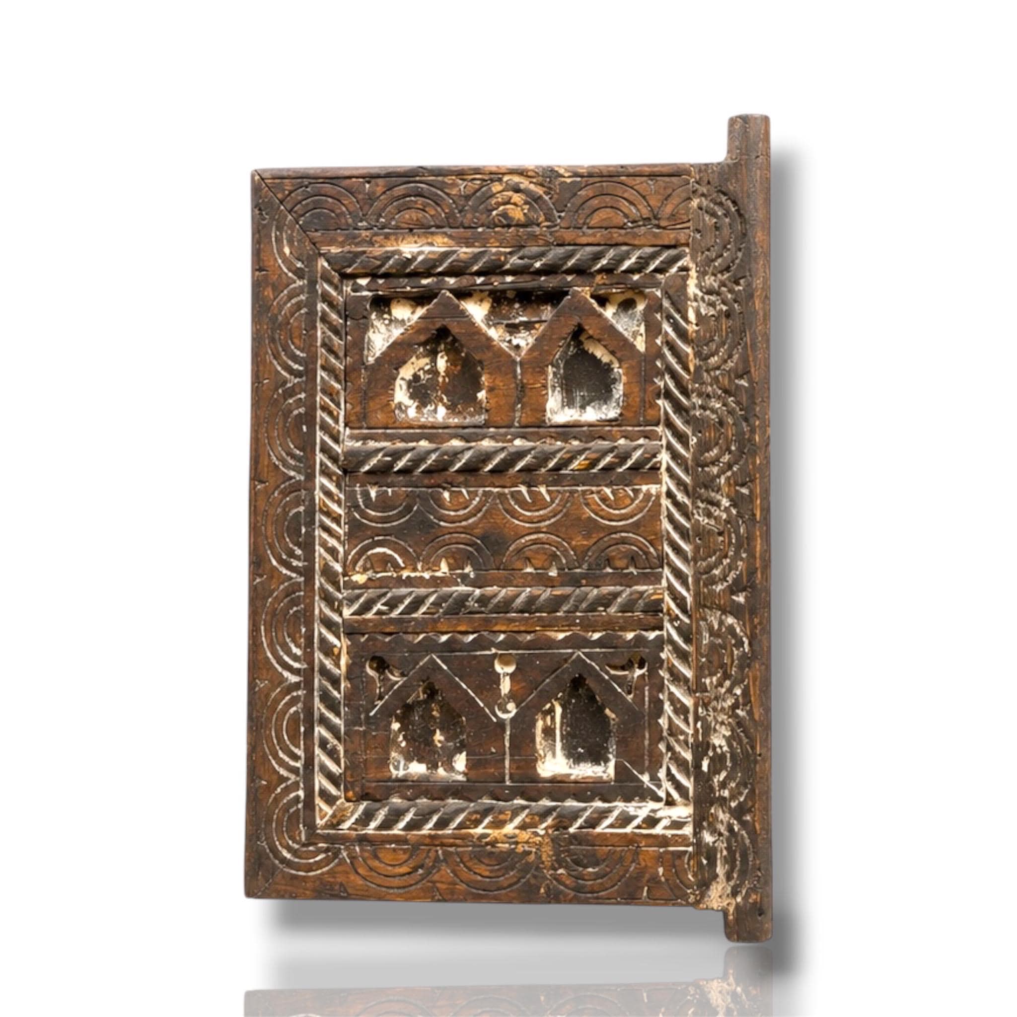 Antique Moroccan Wooden Door Panel Hand Carved Berber Wall Decor
