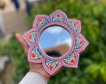 Hand-Painted Floral Mandala Mirror: Moroccan Boho Decor (19cm)