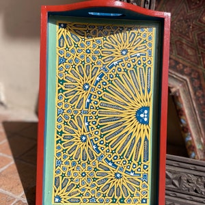 Moroccan Wooden Tray with Yellow and Blue Design