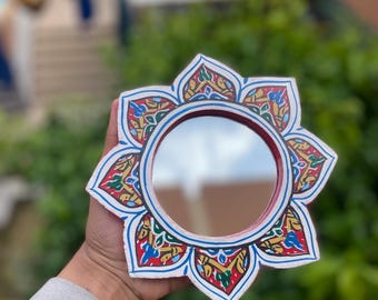 Hand-Painted Floral Mandala Mirror: Moroccan Boho Decor (19cm)