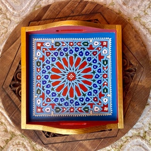 Handmade  Wooden Serving Tray with Geometric Pattern
