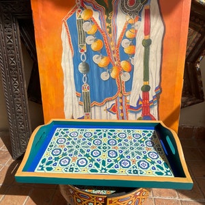 Moroccan Wooden Tray with Yellow and Blue Design