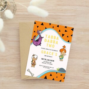 Yabba Dabba Two Birthday Invitation Template digital Download orange