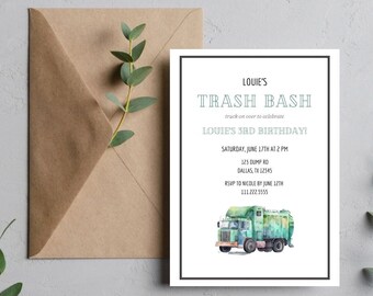 Garbage Truck Birthday Invitation | Trash Truck Editable Template | Dump Everything Invite | Trash Bash Invite | Modern Garbage Truck Invite
