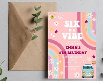 Six is a Vibe Invitation, Hippie Retro Birthday Invitation, Instant Download, Groovy 6th Birthday Invite, Editable Template