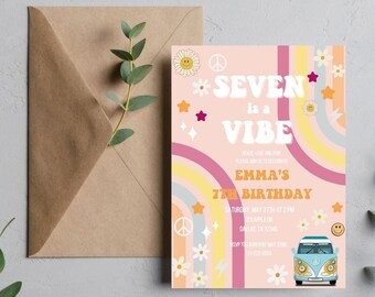 Seven is a Vibe Invitation, Hippie Retro Birthday Invitation, Instant Download, Groovy 7th Birthday Invite, Editable Template
