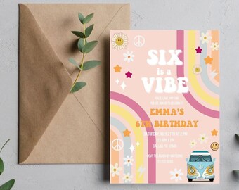 Six is a Vibe Invitation, Hippie Retro Birthday Invitation, Instant Download, Groovy 6th Birthday Invite, Editable Template