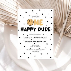 Editable One Happy Dude Birthday Invitation | Smiley Face Invitation | 1st Birthday Smiley Invite | One Happy Dude Digital Download