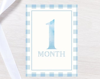 Tarjetas de hitos de acuarela de Gingham azul / Tarjetas de hitos mensuales para niños clásicos / Regalo de baby shower / Descarga instantánea / Tarjeta de bienvenida para bebés