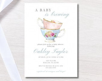 Tea Party Baby Shower Editable Invitation | Blue A Baby Is Brewing Invite | Time For Tea With The Mama-To-Be | Tea Cup Shower Template
