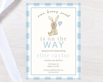 Some Bunny Baby Shower Editable Invitation | Blue Minimalist Bunny Baby Shower Invite | Some Bunny Is On The Way | Blue Checkered Template