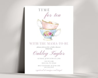 Bewerkbare theekransje baby shower uitnodiging | Tijd voor thee met de toekomstige mama | Theekopje douchesjabloon | Roze Een baby brouwt uitnodiging