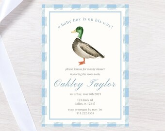 Editable Mallard Duck Baby Shower Invitation | Duck Boy Baby Shower Template | Instant Download | Hunting Theme Baby Shower | Blue Gingham