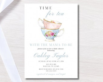 Teeparty-Babyparty-editierbare Einladung | Blaue Zeit für Tee mit der Mama-To-Be | Ein Baby Brauen Einladen | | Teetassen-Dusche-Vorlage