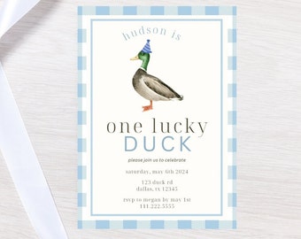 One Lucky Duck Editable Birthday Invitation | One Lucky Duck First Birthday Template | Instant Download | Blue Green Hunting Theme Invite