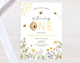 Editable First Bee Day Invitation | Bee First Birthday Invitation | Our Little Honey Invite | Honey Bee Invite | Floral Bee Birthday