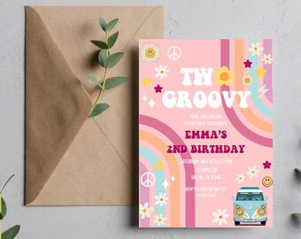 Two Groovy Invitation, Hippie Birthday Invitation, Instant Download, Groovy 2nd Birthday Invite, Editable Template