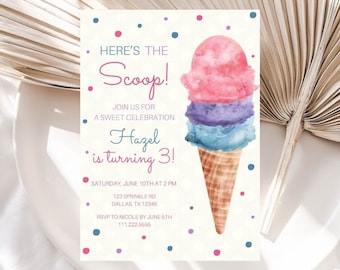 Pastel Ice Cream Birthday Invitation | Here’s The Scoop Invite | Ice Cream Birthday Girl Invite | Ice Cream Party | Pastel Instant Download