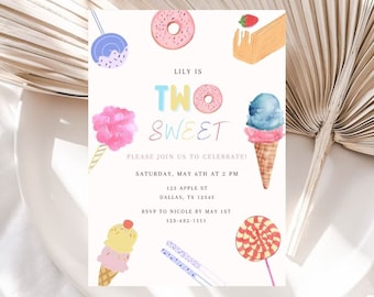 Two Sweet Editable Birthday Invitation | Dessert Invite | 2nd Birthday Girl Donut Invitation | Ice Cream Invite | Two Sweet Template