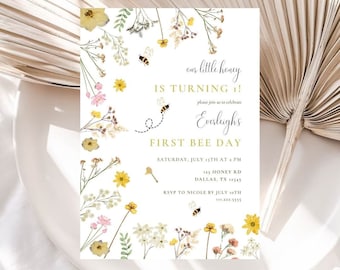 Bee First Birthday Editable Invitation | First Bee Day Invitation | Our Little Honey Invite | Honey Bee Invite | Floral Bee Birthday