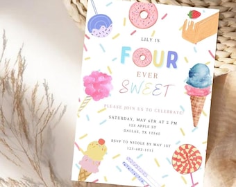 Four Ever Sweet Birthday Invitation | Dessert Invite | 4th Birthday Donut Invitation | Ice Cream Invite | Four Ever Sweet Editable Template
