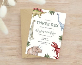 May include: A white dinosaur birthday party invitation with green leaves and colorful dinosaurs. The text reads "Hayden is a Three Rex. Stomp on over to celebrate Hayden's 3rd birthday! Saturday, May 6th at 2 PM. 123 Apple St. Dallas, TX 12545. RSVP to Megan by May 1st. 111-222-5555."