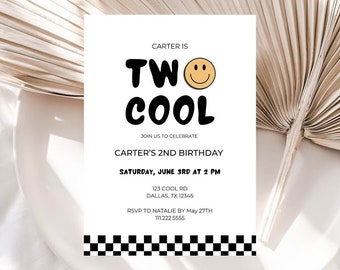 May include: A white invitation card with black and yellow text. The text reads "Carter is Two Cool" with a yellow smiley face. The invitation is for Carter's 2nd birthday party on June 3rd at 2 PM. The address is 123 Cool Rd, Dallas, TX 12345. RSVP to Natalie by May 27th at 111.222.5555.