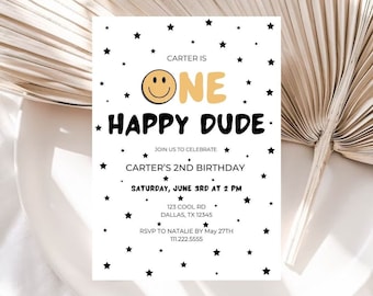 Editable One Happy Dude Birthday Invitation | Smiley Face Invitation | 1st Birthday Smiley Invite | One Happy Dude Digital Download
