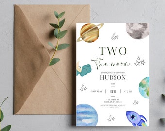 Two the Moon Invitation, Outer Space, 2nd Birthday Invite, Galaxy Birthday Invite, Instant Download, Editable Template