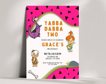 Yabba Dabba Two Editable Birthday Invitation | Digital Download | Pink Flintstones Birthday Invite | Pebbles Birthday Invite