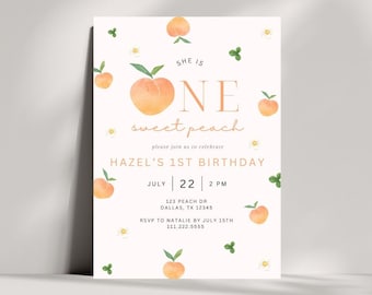 One Sweet Peach First Birthday Invitation | Editable Peach 1st Birthday Invite | Sweet As A Peach Template | Fruit 1st Birthday Invite
