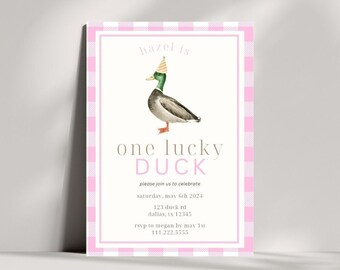 Pink One Lucky Duck Editable Birthday Invitation | Girl One Lucky Duck 1st Birthday Template | Instant Download | Pink Hunting Theme Invite