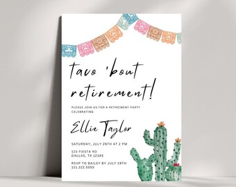 Taco ‘Bout Retirement Editable Invitation | Taco ‘Bout Retirement Party | Mexican Fiesta Retirement Party Invite | Pastel Cactus Template