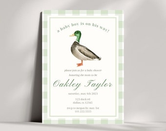 Editable Mallard Duck Baby Shower Invitation | Duck Boy Baby Shower Template | Instant Download | Hunting Theme Baby Shower | Green Gingham