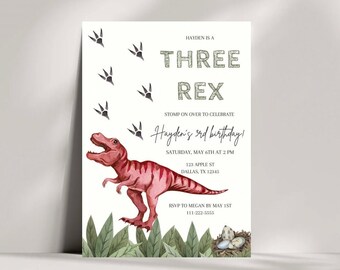 Three-Rex Invitation, Editable Dinosaur Birthday Invite, Three Rex Birthday, Instant Download, T-Rex Birthday Invite