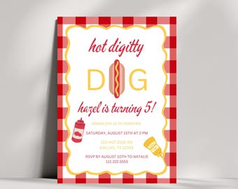 Editable Hot Dog Party Invitation | Hot Diggity Dog Birthday Party Invite | Picnic Backyard BBQ Printable Invitation