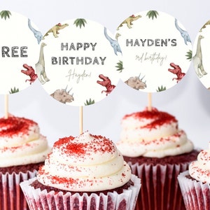 Editable Dinosaur Cupcake Toppers | Printable Three-Rex Birthday Party Cupcake Toppers | Dino Party Decor | Three Rex Party Decorations