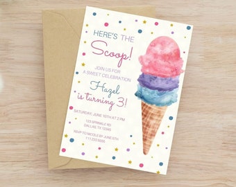 Pastel Ice Cream Birthday Invitation | Here’s The Scoop Invite | Ice Cream Birthday Girl Invite | Ice Cream Party | Pastel Instant Download