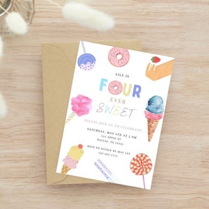 Editable Four Ever Sweet Birthday Invitation | Dessert Invite | 4th Birthday Donut Invitation | Ice Cream Invite | Four Ever Sweet Template