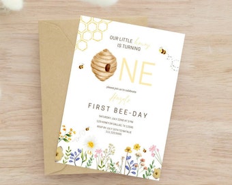 Bee First Birthday Editable Invitation | First Bee Day Invitation | Our Little Honey Invite | Honey Bee Invite | Floral Bee Birthday
