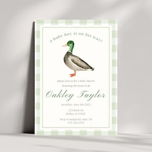 Editable Mallard Duck Baby Shower Invitation | Duck Boy Baby Shower Template | Instant Download | Hunting Theme Baby Shower | Green Gingham