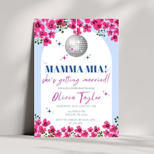 Invitation nuptiale modifiable de maman Mia | Discothèque Mamma Mia | Invitation nuptiale grecque de douche | Shower de la reine dansante nuptiale | Invitation bleu blanc