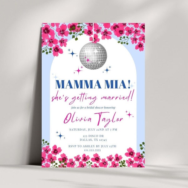 Editable Mamma Mia Bridal Shower Invitation | Mamma Mia Disco | Greek Bridal Shower Invite | Dancing Queen Bridal Shower | Blue White Invite