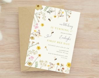 Bearbeitbare Biene erste Geburtstagseinladung | Einladung zum ersten Bienentag | Unser kleiner Honig Invite | Honey Bee Invite | Blumen Biene Geburtstag