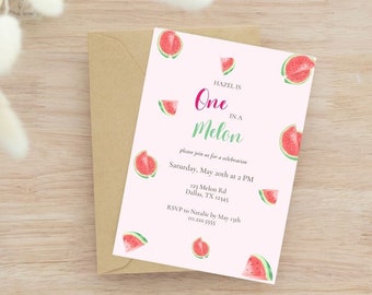 One In A Melon Invitation, Editable Watermelon Birthday Invitation, Pink Watermelon Party, Instant Download, Girl First Birthday