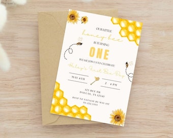 Invitación del primer cumpleaños de la abeja, invitación de la fiesta del primer día de la abeja, invitación de la fiesta de cumpleaños de la abeja de la miel, invitación de la abeja, descarga instantánea, primer cumpleaños