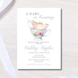 Invitation modifiable de fête de naissance de | bleu un bébé prépare une invitation de Zazzle.be Liste d&#39;envies Vous avez des idées ? l&#39;heure du thé avec la future maman | Modèle de douche de tasse de thé
