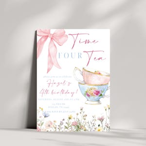 May include: A watercolor invitation for a tea party, featuring a pink bow and the words "Time Four Tea." The invitation announces Hazel's 4th birthday, with details including the date, time, and location in Dallas, TX. Two stacked teacups are illustrated.
