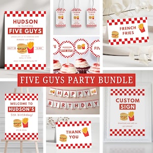 May include: A party bundle with a red and white checkered theme, featuring invitations, thank you tags, cupcake toppers, a banner, and a custom sign. The theme includes burgers and fries.