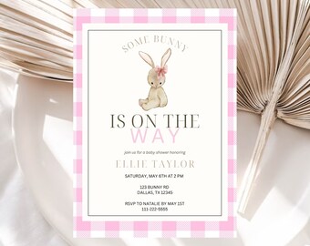 Some Bunny Baby Shower Editable Invitation | Pink Minimalist Bunny Baby Shower Invite | Some Bunny Is On The Way | Pink Checkered Template